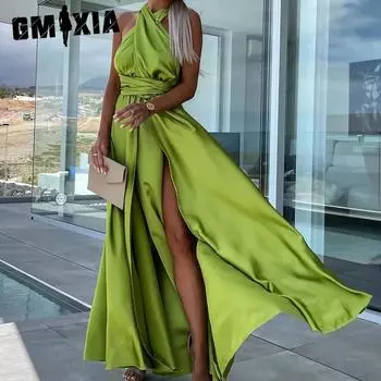 GMXIA Женские модные летние весенние однотонные повседневные платья без рукавов с v-образным вырезом и высокой талией S абрикосовый