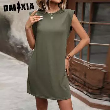 GMXIA Женские модные летние весенние однотонные повседневные платья без рукавов с круглым вырезом и высокой талией S армия зеленый