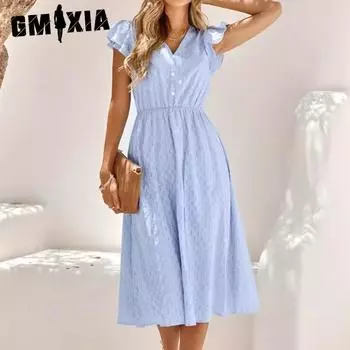 GMXIA женские модные летние весенние однотонные повседневные платья с короткими рукавами и v-образным вырезом и высокой талией S белый