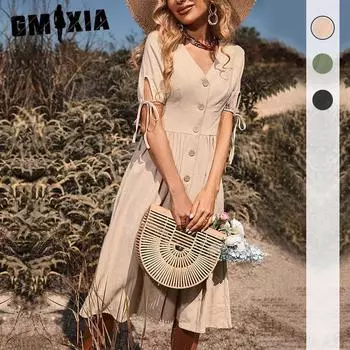 GMXIA женские модные летние весенние однотонные повседневные платья с короткими рукавами и v-образным вырезом и высокой талией S