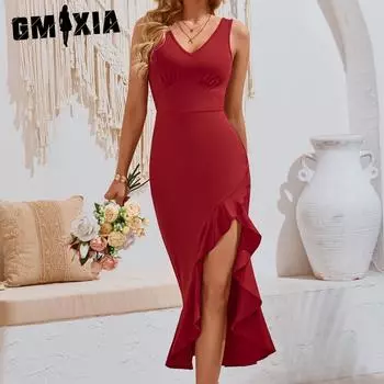 GMXIA Женские модные летние весенние однотонные повседневные платья без рукавов с v-образным вырезом и высокой талией S чёрный