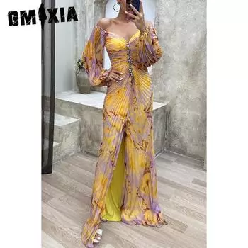 GMXIA женские модные летние весенние однотонные повседневные платья с длинным рукавом и v-образным вырезом и высокой талией S жёлтый