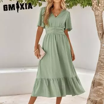 GMXIA женские модные летние весенние однотонные повседневные платья с короткими рукавами и v-образным вырезом и высокой талией S абрикосовый