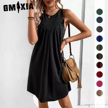 GMXIA Женские модные летние весенние однотонные повседневные платья без рукавов с круглым вырезом и высокой талией S чёрный