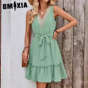 GMXIA Женские модные летние весенние однотонные повседневные платья без рукавов с v-образным вырезом и высокой талией S чёрный