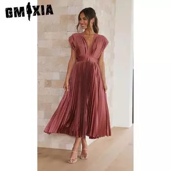 GMXIA женские модные летние весенние однотонные повседневные платья с короткими рукавами и v-образным вырезом и высокой талией S розовый