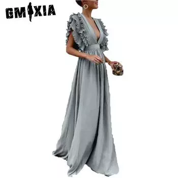 GMXIA женские модные летние весенние однотонные повседневные платья с короткими рукавами и v-образным вырезом и высокой талией S белый