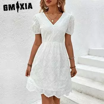 GMXIA женские модные летние весенние однотонные повседневные платья с короткими рукавами и v-образным вырезом и высокой талией S белый