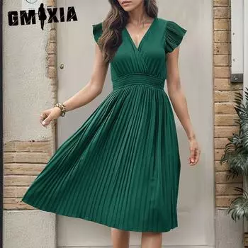 GMXIA женские модные летние весенние однотонные повседневные платья с короткими рукавами и v-образным вырезом и высокой талией S зелёный