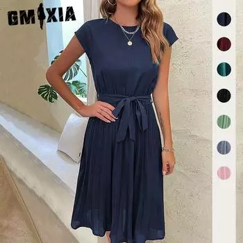 GMXIA женские модные летние весенние однотонные повседневные платья с коротким рукавом и круглым вырезом с высокой талией и принтом S темно-синий