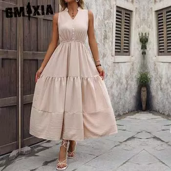 GMXIA Женские модные летние весенние однотонные повседневные платья без рукавов с v-образным вырезом и высокой талией S абрикосовый