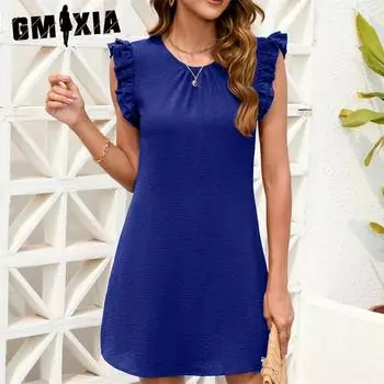 GMXIA Женские модные летние весенние однотонные повседневные платья без рукавов с круглым вырезом и высокой талией S красный