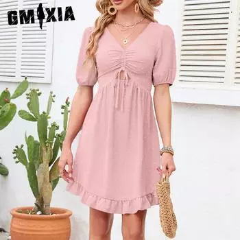 GMXIA Женские модные летние весенние однотонные повседневные платья с короткими рукавами и v-образным вырезом с принтом S красный