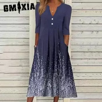 GMXIA женские модные летние весенние однотонные повседневные платья с длинным рукавом и v-образным вырезом и высокой талией S красный