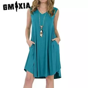 GMXIA Женские модные летние весенние однотонные повседневные платья без рукавов с v-образным вырезом и высокой талией S зелёный