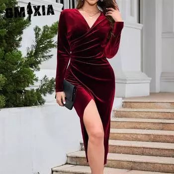 GMXIA женские модные летние весенние однотонные повседневные платья с длинным рукавом и v-образным вырезом и высокой талией S синий