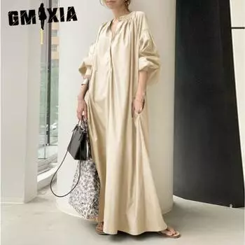 GMXIA Женские модные летние весенние однотонные повседневные платья с длинным рукавом и v-образным вырезом с принтом S белый