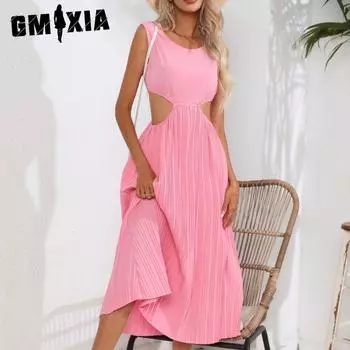 GMXIA женские модные летние весенние однотонные повседневные платья с коротким рукавом и круглым вырезом с высокой талией и принтом S розовый