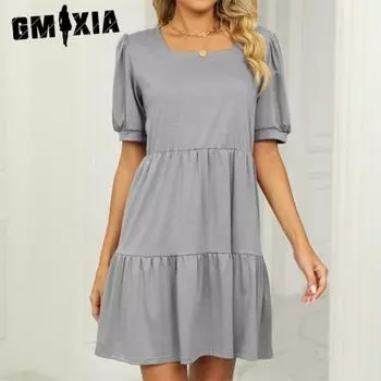 GMXIA женские модные летние весенние однотонные повседневные платья с короткими рукавами и квадратным воротником с принтом S чёрный