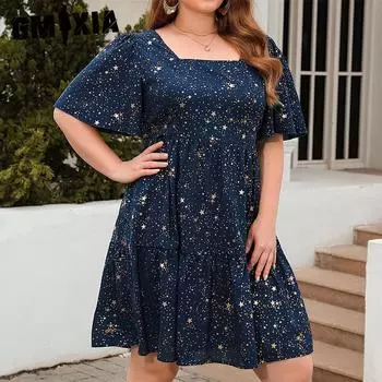 GMXIA Женские модные летние весенние однотонные повседневные платья со звездным принтом и коротким рукавом с U-образным вырезом и высокой талией XL чёрный