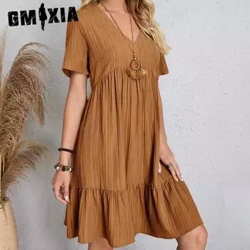 GMXIA женские модные летние весенние однотонные принты с коротким рукавом и v-образным вырезом, повседневные тонкие элегантные платья S красный