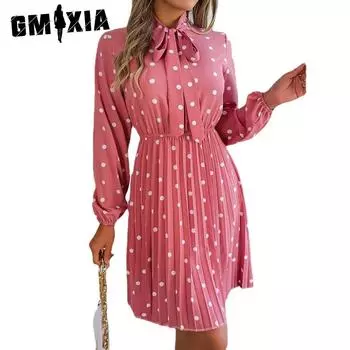 GMXIA женские модные летние весенние платья в горошек с длинными рукавами и v-образным вырезом, тонкие повседневные платья со шнуровкой и складками S красный