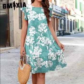 GMXIA Женские модные летние весенние повседневные платья с коротким рукавом и круглым вырезом с цветочным принтом S светло-зеленый