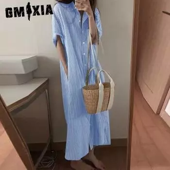 GMXIA Женские модные летние весенние повседневные платья с короткими рукавами и воротником-поло в полоску с принтом S чёрный