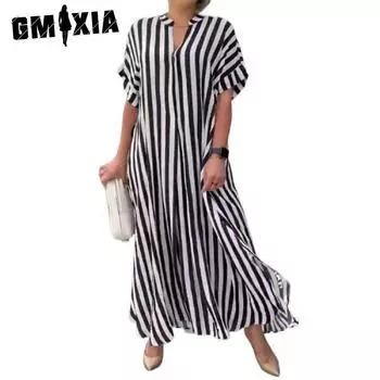 GMXIA Женские модные летние весенние повседневные платья с коротким рукавом и v-образным вырезом в полоску, S-5XL
