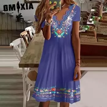 GMXIA Женские модные летние весенние повседневные платья с короткими рукавами и v-образным вырезом и высокой талией
