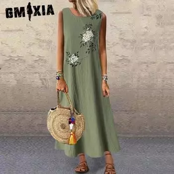 GMXIA Женские модные летние весенние повседневные платья без рукавов с круглым вырезом и цветочным принтом