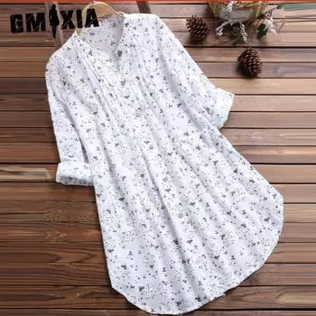 GMXIA Женские модные летние весенние повседневные платья с длинным рукавом и круглым вырезом с цветочным принтом M белый