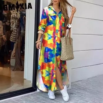 GMXIA Женские модные летние весенние повседневные платья с длинным рукавом и воротником-поло S