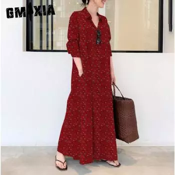 GMXIA Женские модные летние весенние повседневные платья с длинными рукавами и воротником-поло с цветочным принтом S красный