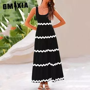 GMXIA Женские модные летние весенние повседневные платья без рукавов с U-образным вырезом и высокой талией