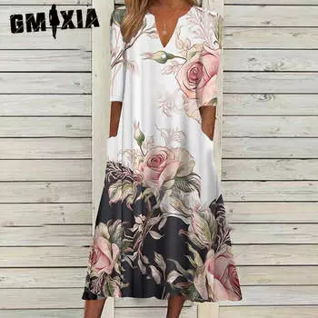GMXIA Женские модные летние весенние повседневные платья с цветочным принтом и рукавами 2/1 и v-образным вырезом S