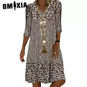 GMXIA Женские модные летние весенние повседневные платья с рукавом 2/1 и v-образным вырезом S коричневый