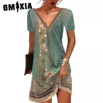 GMXIA Женские модные летние весенние повседневные платья с коротким рукавом и v-образным вырезом с цветочным принтом S красный