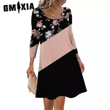 GMXIA Женские модные летние весенние повседневные платья с длинным рукавом и U-образным вырезом S