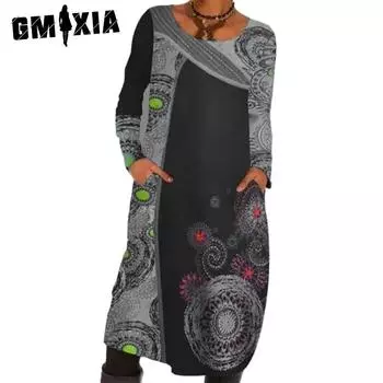 GMXIA Женские модные летние весенние повседневные платья с длинным рукавом и круглым вырезом