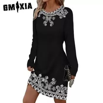 GMXIA Женские модные летние весенние повседневные платья с длинным рукавом и круглым вырезом