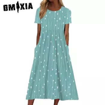 GMXIA Женские модные летние весенние повседневные платья с коротким рукавом и круглым вырезом с цветочным принтом