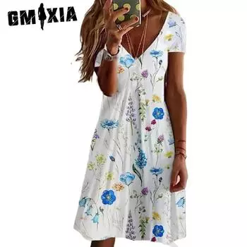 GMXIA Женские модные летние весенние повседневные платья с коротким рукавом и v-образным вырезом с цветочным принтом S
