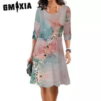 GMXIA Женские модные летние весенние повседневные платья с коротким рукавом и круглым вырезом с цветочным принтом S