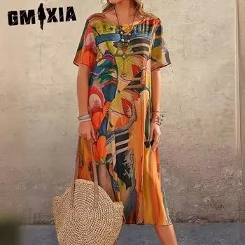 GMXIA Женские модные летние весенние повседневные платья с короткими рукавами и круглым вырезом