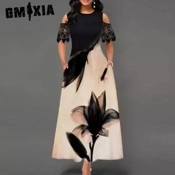 GMXIA Женские модные летние весенние повседневные платья с коротким рукавом и круглым вырезом с цветочным принтом S чёрный