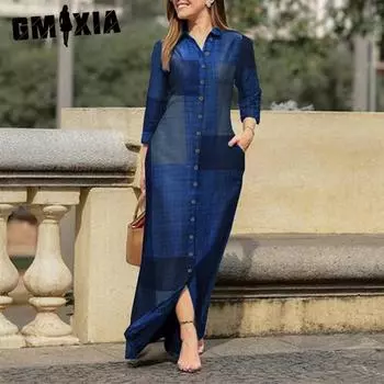 GMXIA Женские модные летние весенние повседневные платья с длинным рукавом и воротником-поло S