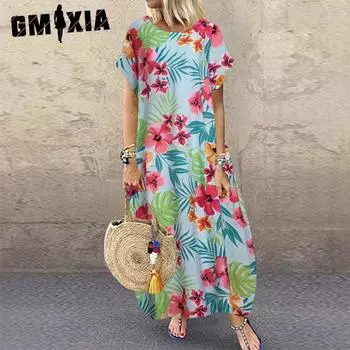 GMXIA Женские модные летние весенние повседневные платья с коротким рукавом и круглым вырезом с цветочным принтом S белый