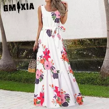 GMXIA Женские модные летние весенние повседневные платья без рукавов с круглым вырезом и цветочным принтом S белый