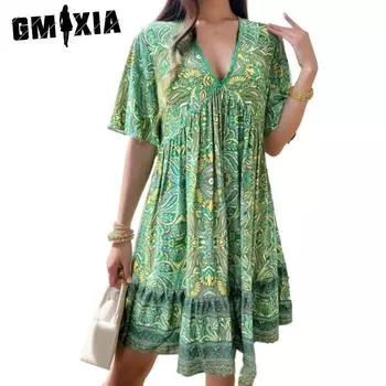 GMXIA Женские модные летние весенние повседневные платья с коротким рукавом и v-образным вырезом с цветочным принтом S зелёный